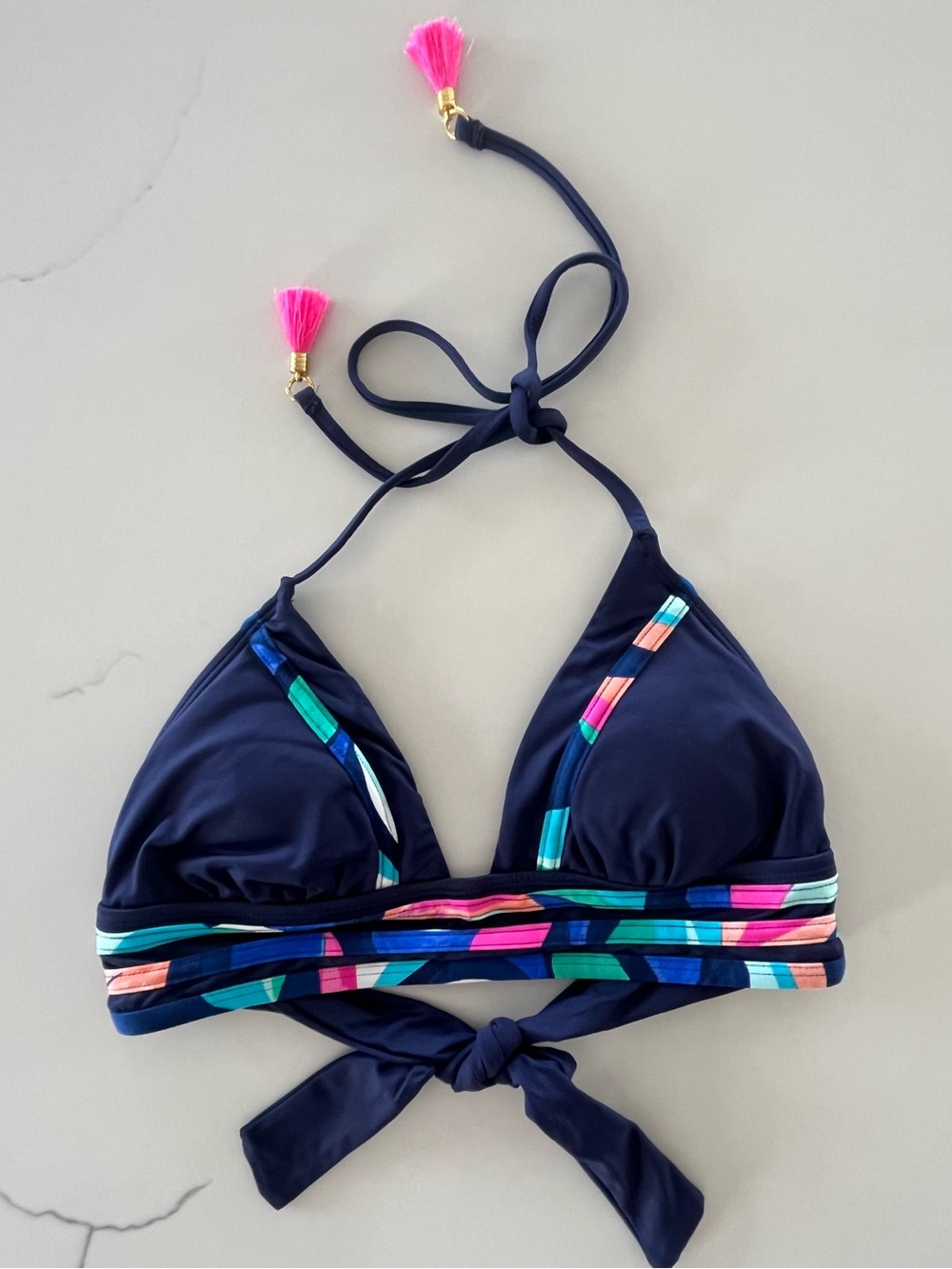 La Blanca Navy Indigo Painted Leaves Banded Halter Triangle Top Sz 4 Like New